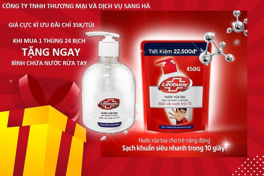 1 thùng gồm 24 bịch nước rửa tay LifeBuoy 450g, tặng 24 vỏ vòi LifeBuoy