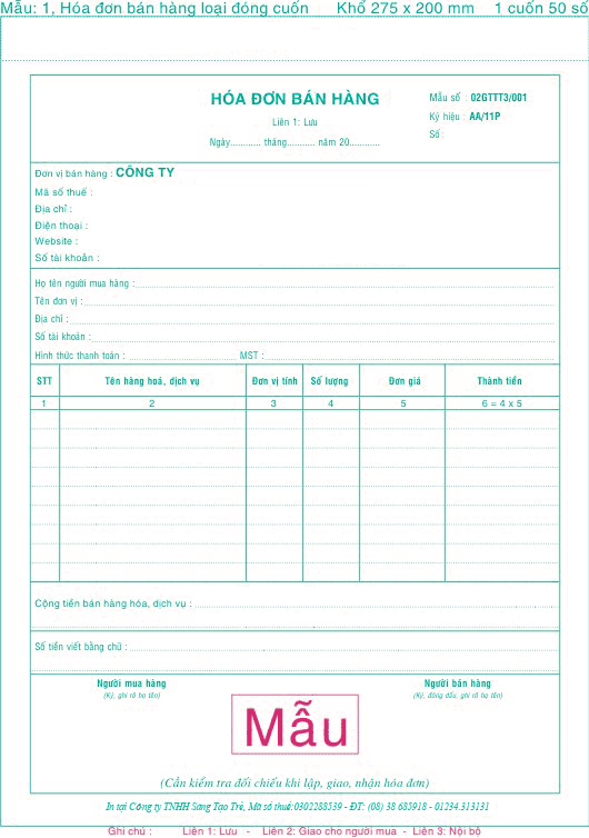 Hóa Đơn Bán Lẻ 1L thường